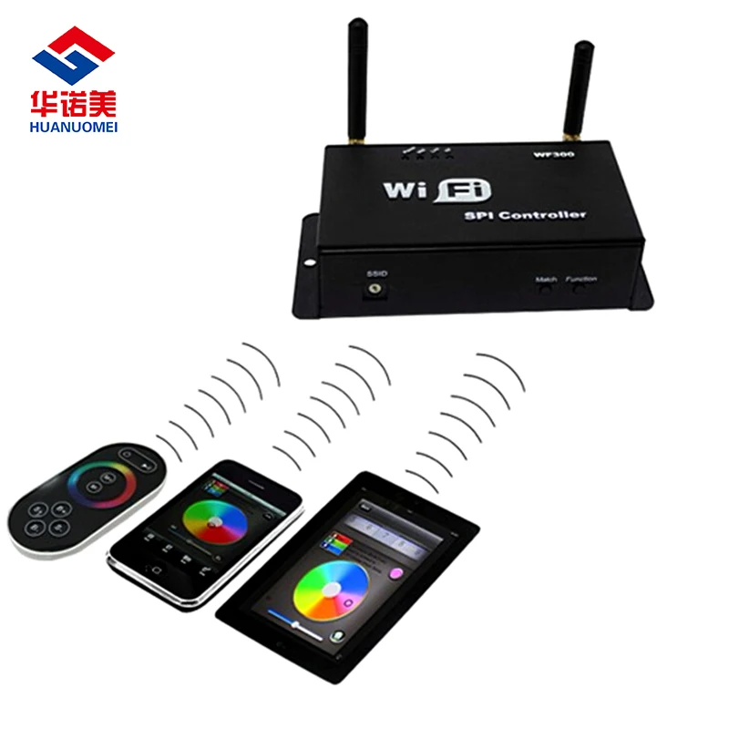 

WF300 SPI WiFi Pixel Controller & Pixel WiFi Dimmer;DC5~24V input; Output 4A*3Channels,Support LPD6803/WS2801/WS2811/TM1803 etc.