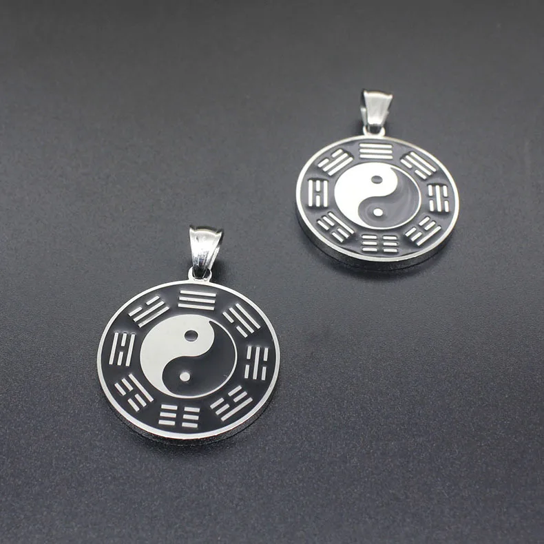 316L stainless steel Silver color Enamel Black White Circle Bagua Tai Chi Ying Yang Pendant Collar Lucky Necklace Jewelry