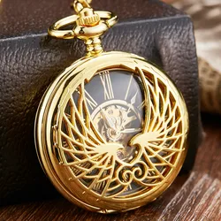 Luxury Golden Love Wings Mechanical Pocket Watch Men Women Fob Chain Unique Hollow Design Skeleton Double Side Hand Wind Watches