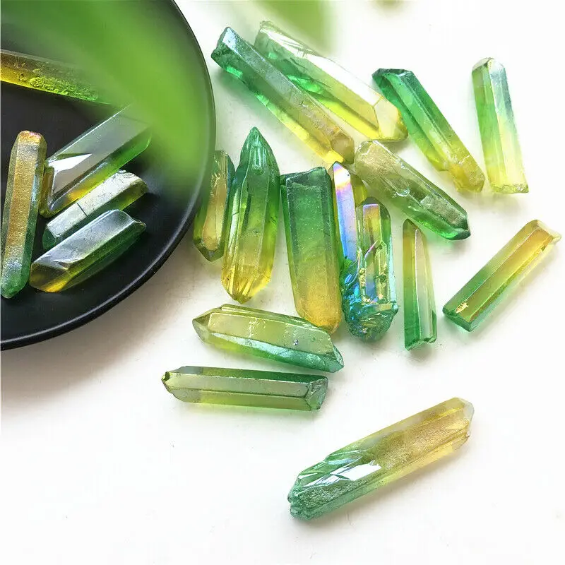 50g Green and Yellow Aura Quartz Crystal Point Titanium Treated Quartz Wand Decor Natural Stones and Minerals