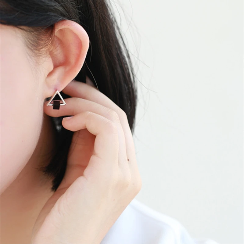 Triangle Square Black Elegant Korea Silver Color Trendy Female Stud Earrings For Women Girl Luxury Jewelry Party Gift