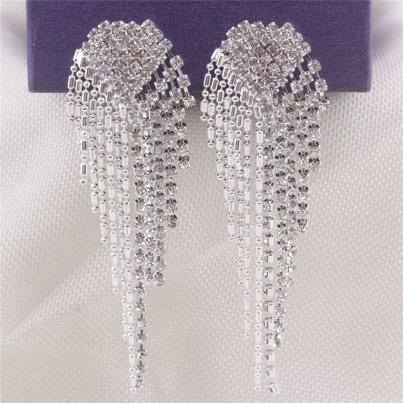 Grace Jun New Arrival Big Heart  Shape Tassel Rhinestone Clip on Earrings No Pierced Charm Chandelier Jewelry No Hole Ear Clip