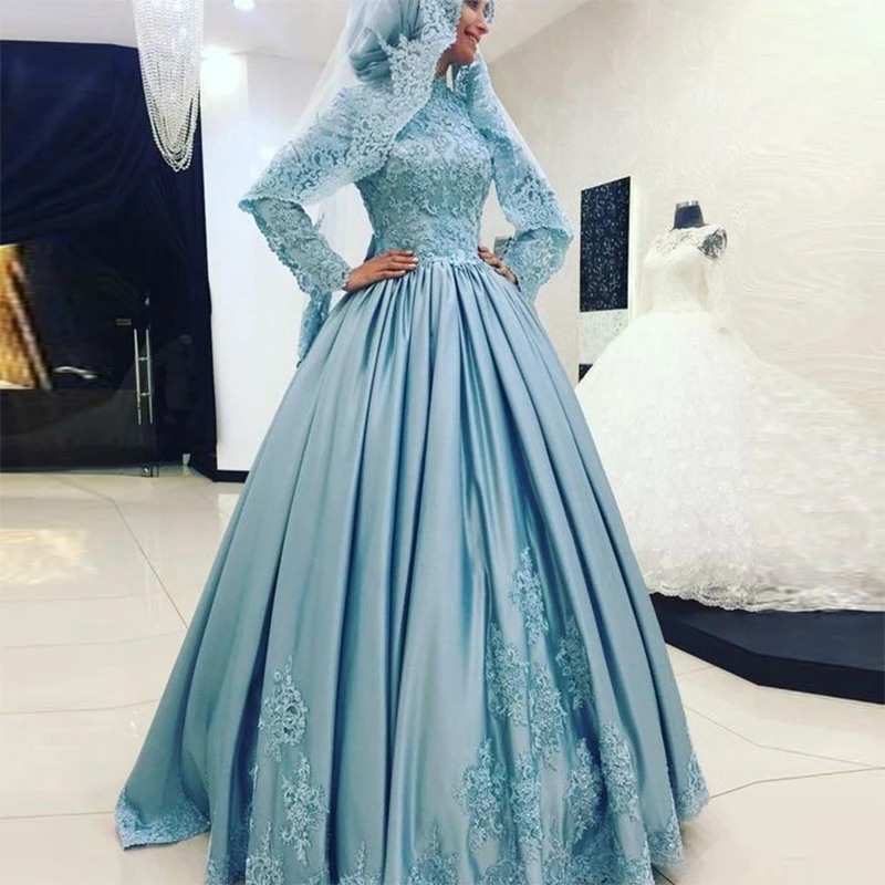 Light Blue Muslim Wedding Dress Hijab Long Sleeve Turkish Islamic Bridal Dresses 2020 Lace Soft Satin Wedding Gown Vestido Noiva