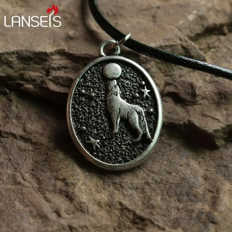 

lanseis10pc hot sell Handmade Howling wolf Moon pendant wolf and Triple Moon Vintage animal necklace girls boy nart jewelry