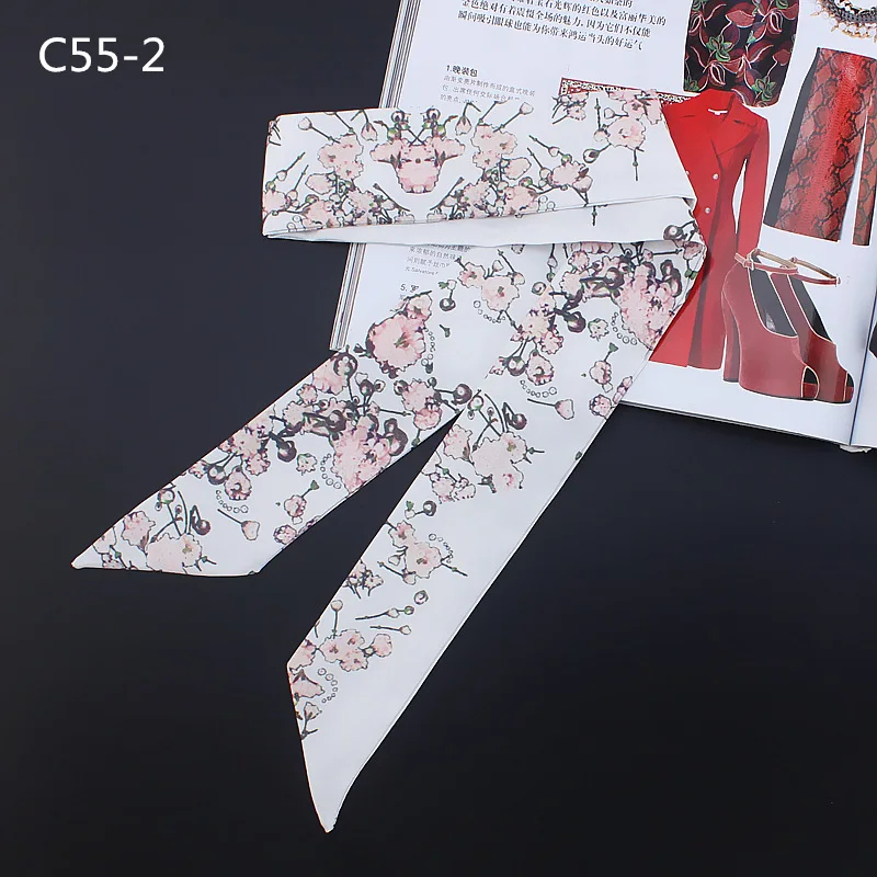 2023 New Design Beautiful Sakura Print Silk Scarf Women Luxury Brand Scarf Bag Ribbons Fashion Head Scarf Small Long Scarves