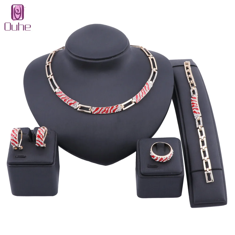 

Women African Beads Jewelry Sets Cz Crystal Enamel Statement Necklace Earring Ring Bracelet Wedding Party Gift Jewelry Set