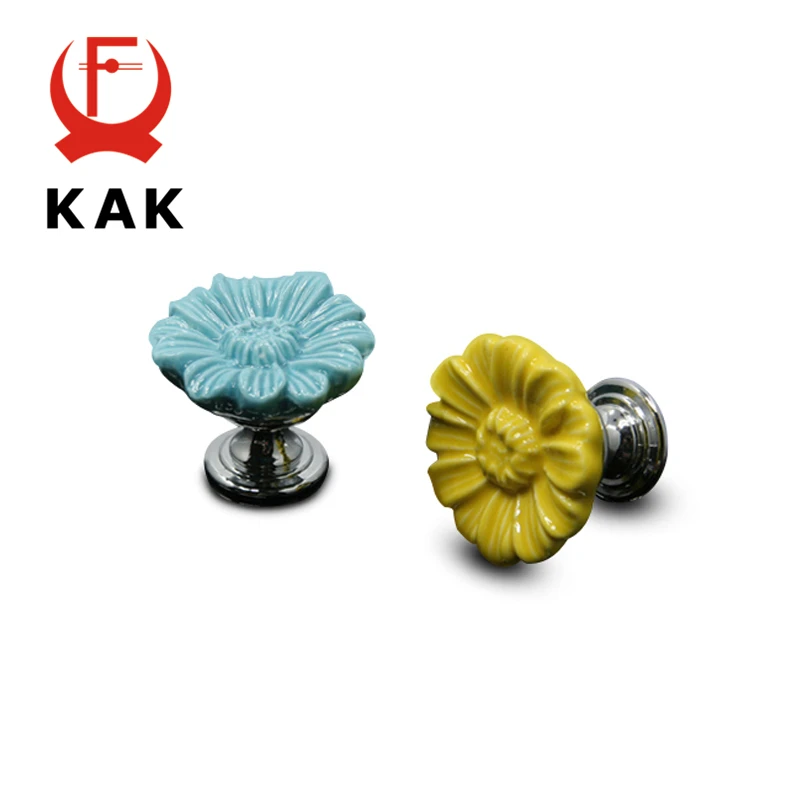 KAK Chrysanthemum Ceramic Handles Drawer Knobs Cupboard Door Handles for Kids Room Cabinet Handles with screws Furniture Handles