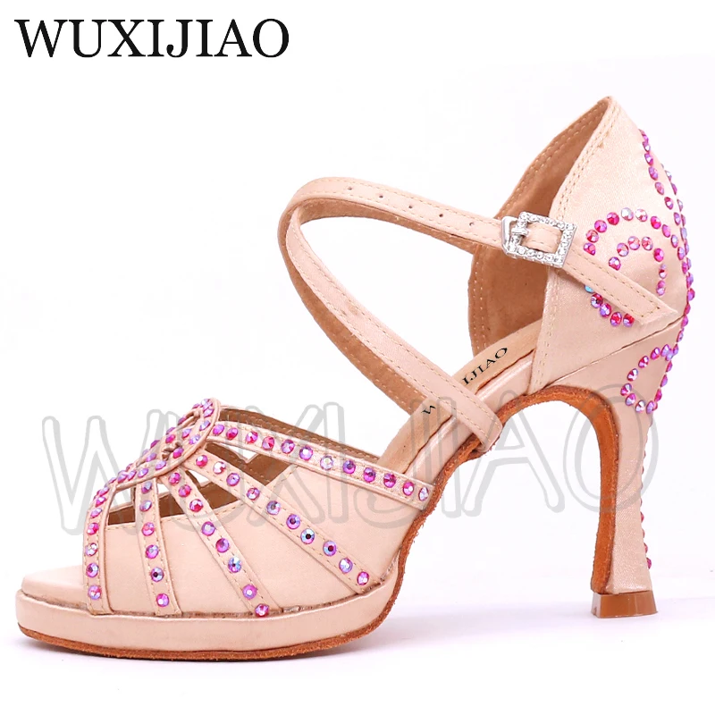 WUXIJIAO Latin dance shoes Red flash rhinestone shining Skin Black satin Women Salsa party Ballroom shoes Cuba 9cm heel