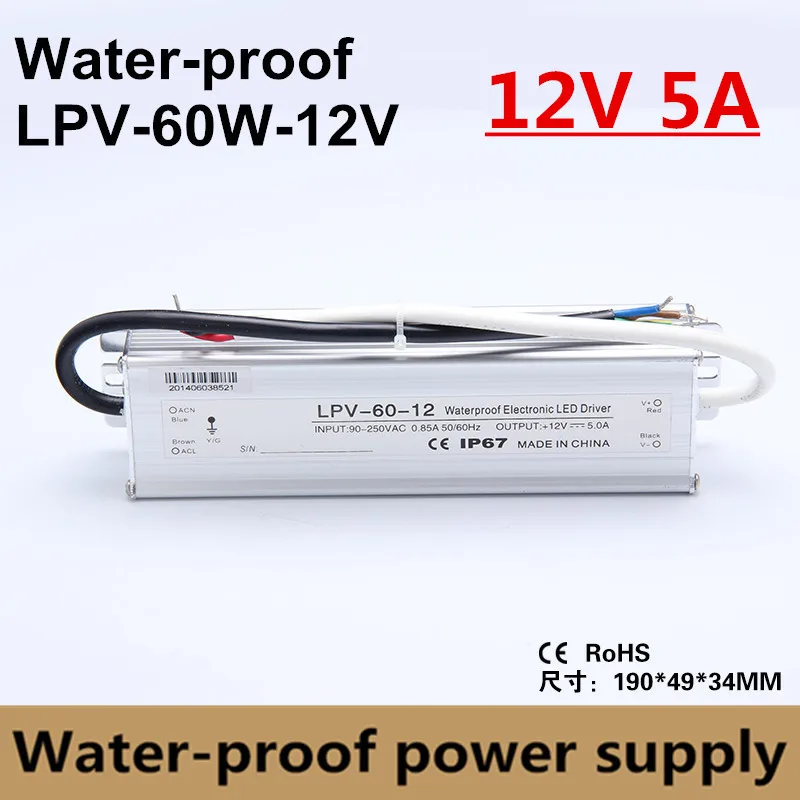 DC 12V 5A 60W 90V-260V transformer Aluminum case IP67 Waterproof LED driver Power Supply Adatper for LED Strip Lights lpv-60-12