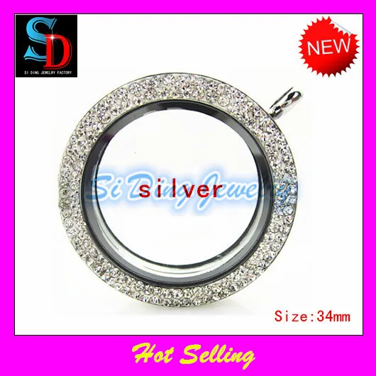 

New Stainless Steel Silver Glass Lockets Round Magnetic With Pave Crystals Floating Locket Pendant 34mm