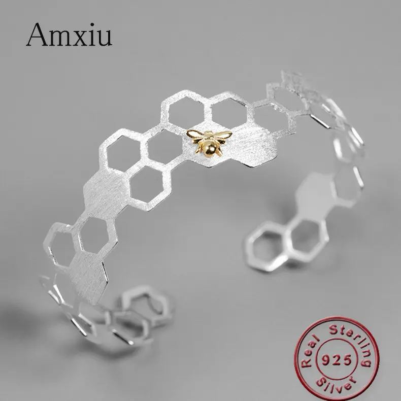 

Amxiu Hot Honeycomb Bee Bangles Adjustable Open Bangle Two Tones 925 Silver Jewelry For Women Girls Wedding Bijoux Accessories