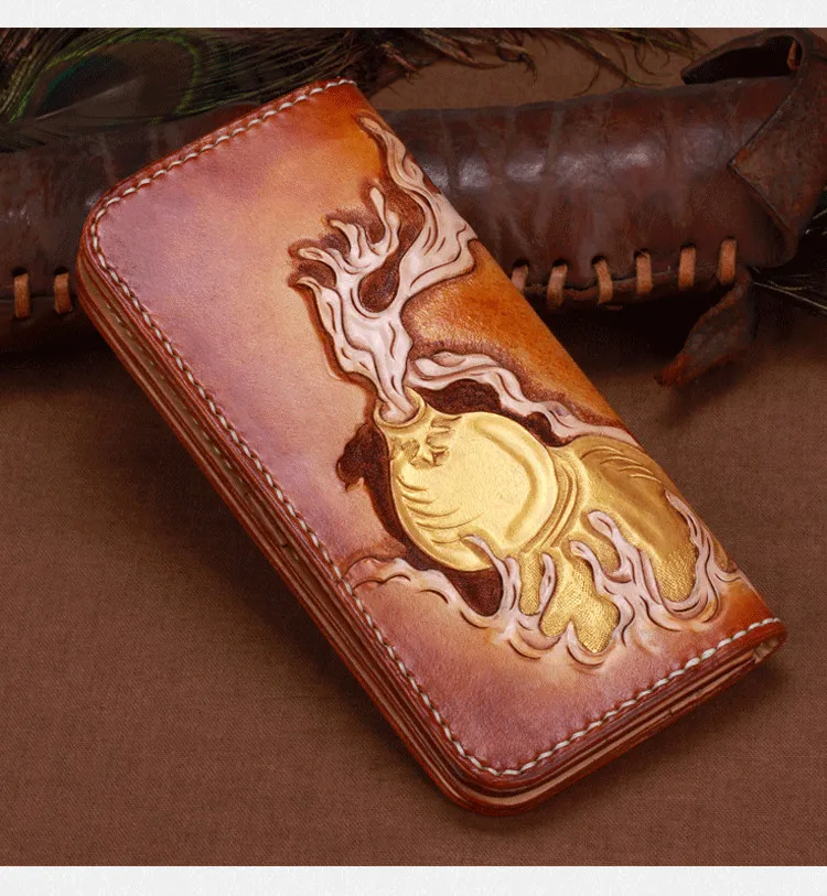 Women Genuine Leather Card Holder Wallets Hand Engraving Chinese Dragon Bag Purses Men Clutch Vegetable Tanned Leather Wallet