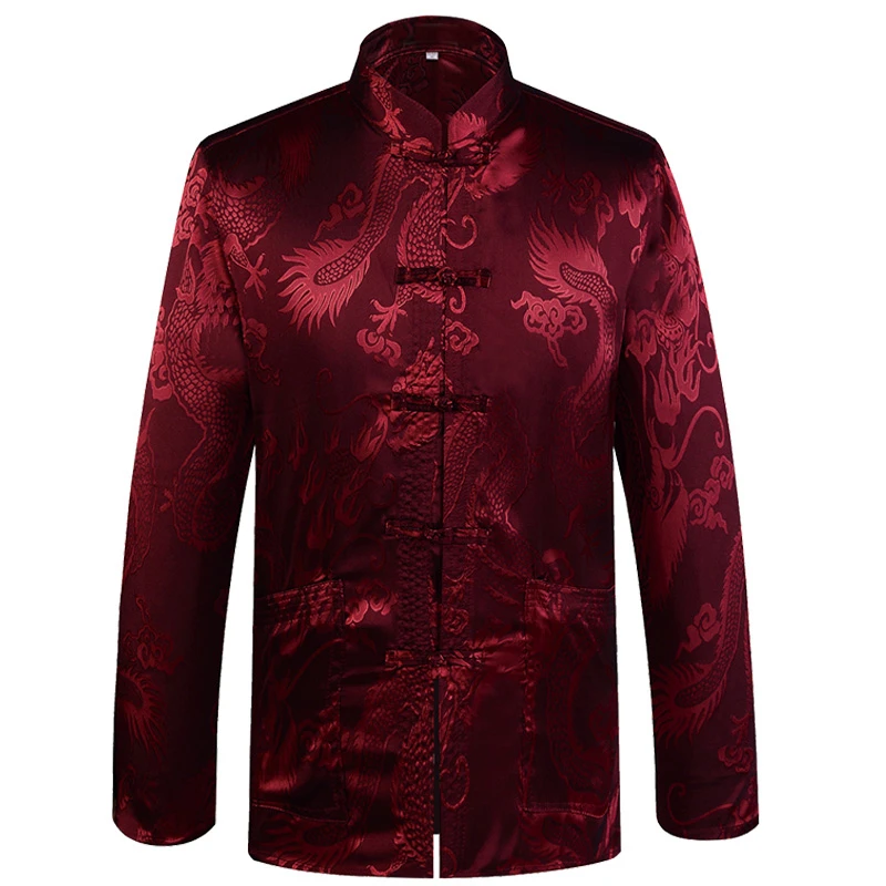 Brand Designer Chinese Traditional Men\'s Satin Mandarin Collar Dragon Silk Tang Suit Clothing Kung Fu Jacket Coat YZT1205