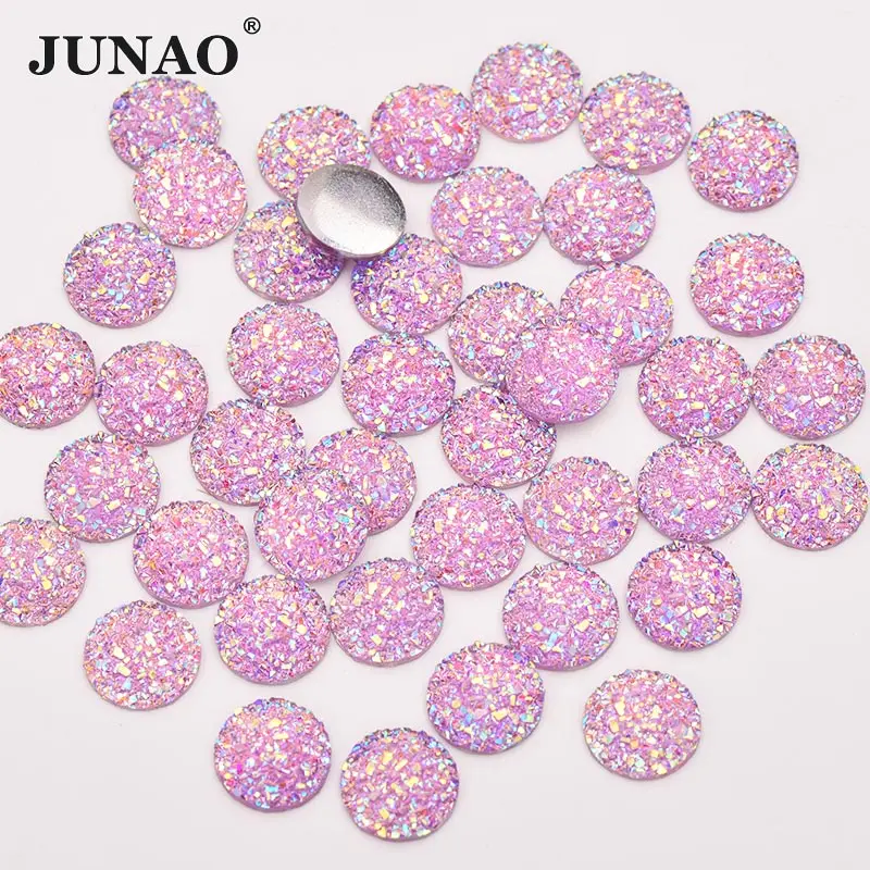 JUNAO 50Pcs 12mm Shiny Purple AB Crystal Rhinestones Round Resin Stones Applique Non Hotfix Diamond Flatback Crystal For Crafts