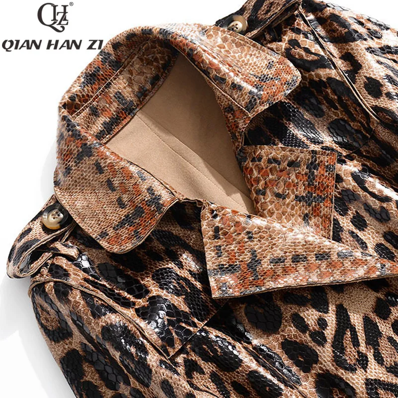 Imagem -04 - Qian Han Zi-leopardo Cabolsa de Trincheira para Mulheres Cinto de Designer Casual Roupas Finas Couro Vintage de Cobra Grande Tamanho Lavado