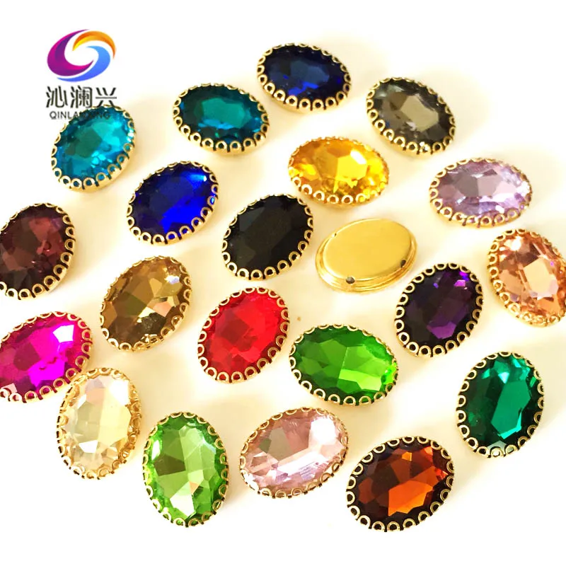 20pcs/bag Oval Shape Glass Crystal Sew-on Rhinestones, Golden Bottom Lace Claw Stone, Used for Needlework, Sewing Accessories