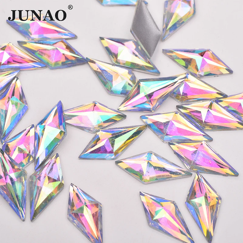 JUNAO 40pcs 10*22mm Crystal AB Resin Flatback Rhinestone Applique Rhombus Crystal Stones Non Hotfix Strass for Needlework Crafts