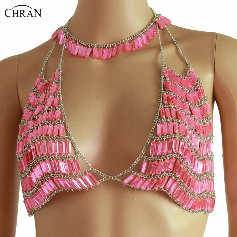 Chran Chain Halter Top Body Necklace Sexy Sequin Chain Bra Harness Festival Costume Beach Jewelry Dance Wear