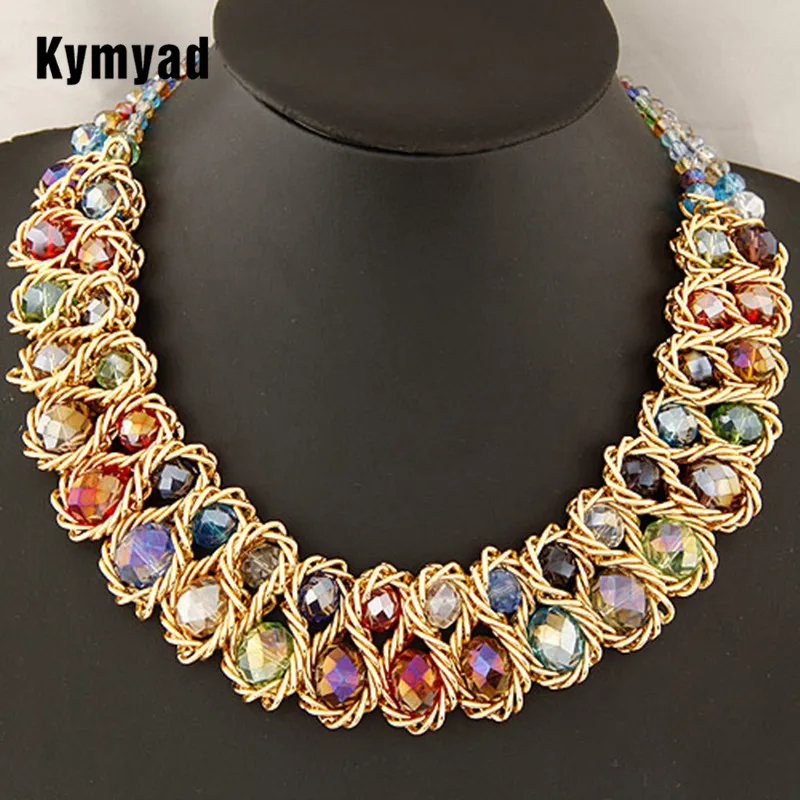 Kymyad Bijoux Femme Trendy Chunky Statement Necklace Women Double Line Crystal Beads Necklaces & Pendants Maxi Necklace