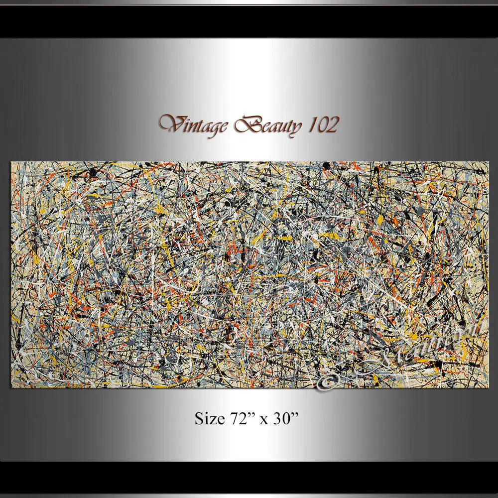 Huge Painting Jackson Pollock Style,Abstract Art wall art on canvas,Vintage lux Yellow-gray tone Large oilpainting Free shipping