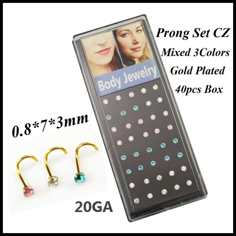 Lot of 40pcs 316l Surgical Steel Hollow Heart Screw Nose Bone Piercing With L Shape Mixed Clear Colors Nose Stud Rings Jewelry