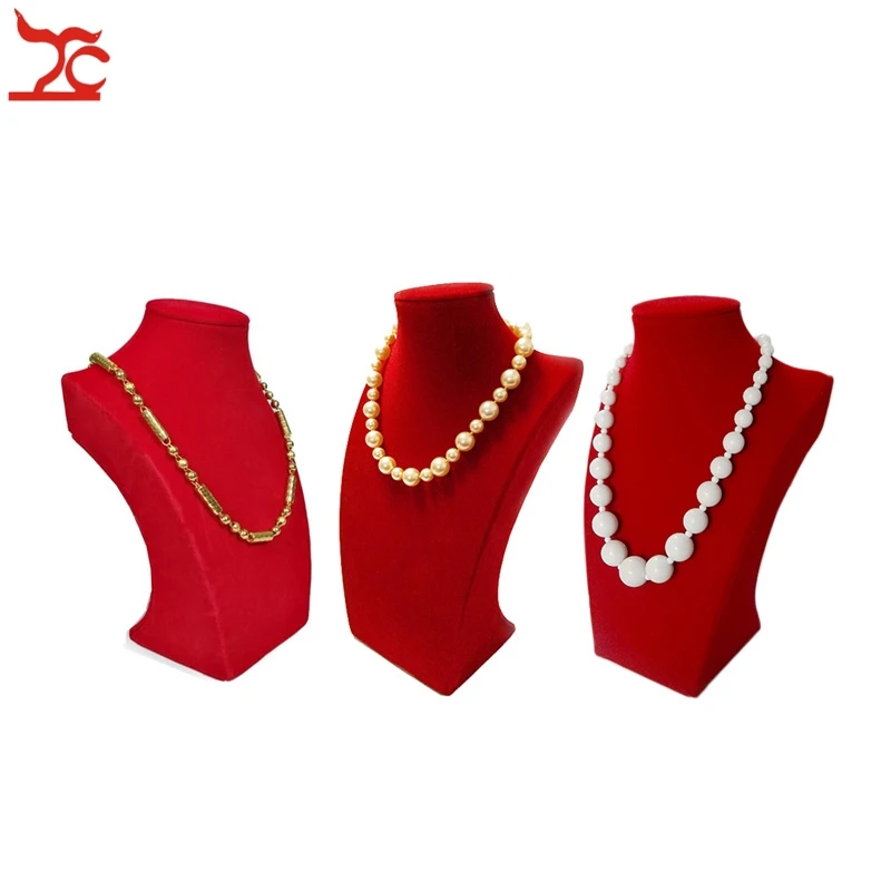 

Wholesale 3Pcs Wooden Jewelry Display Bust Red Velvet Mannequin Necklace Organizer Pear Chain Storage Show Holder Stand 22cm