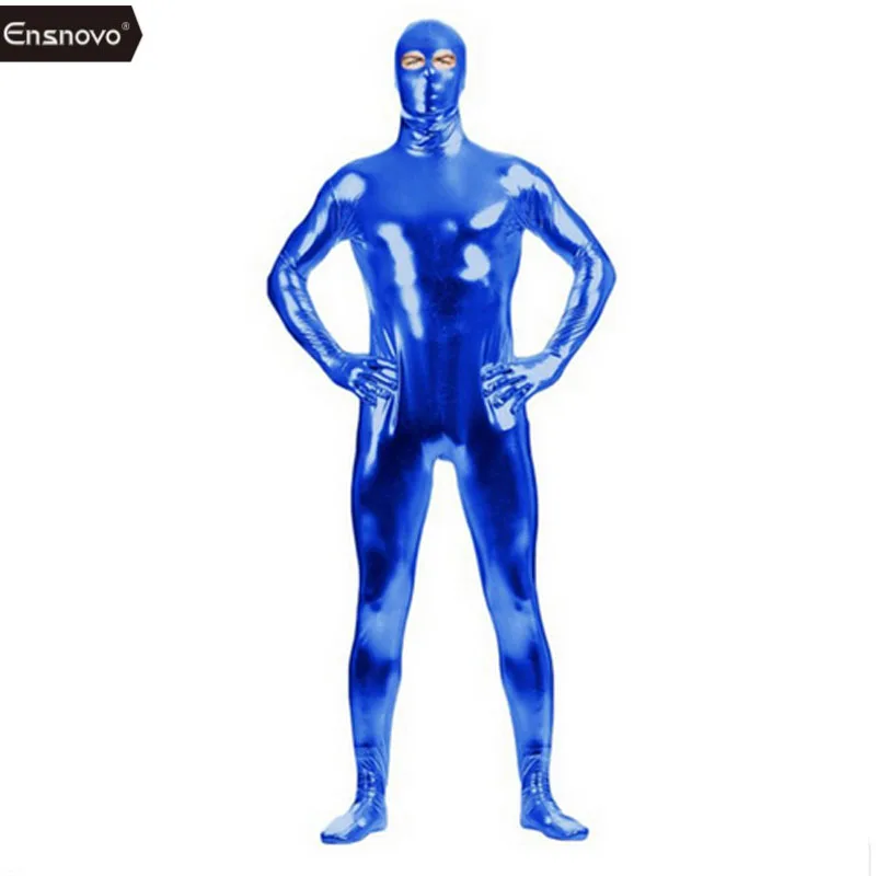 Ensnovo Men Catsuit Open Eye Spandex Shiny Metallic Zentai Suit Full Body Nylon Custom Skin Open Eyes Costume Bodysuit