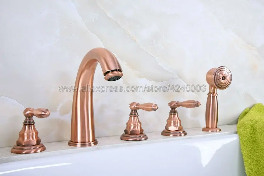 Antique Red Copper Widespread 5 Holes Roman Bathtub Faucet Tap with Hand Shower Spray Ktf235