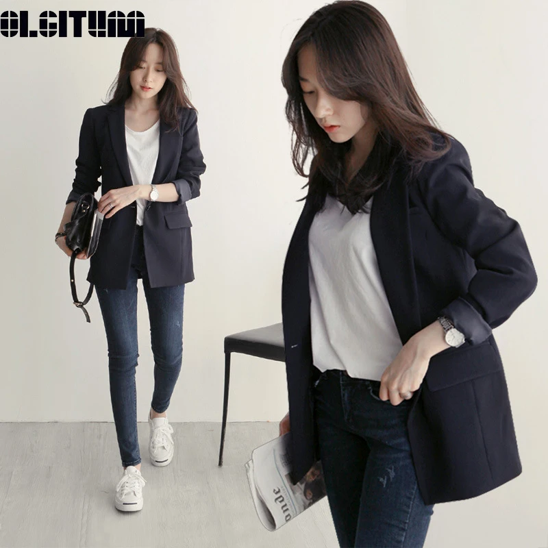 

New OLGITUM 2020 Chic Spring Office Lady Women Black Blazer Log Sleeve Solid Notched Jackets Elegant Work Blazers Female BL039