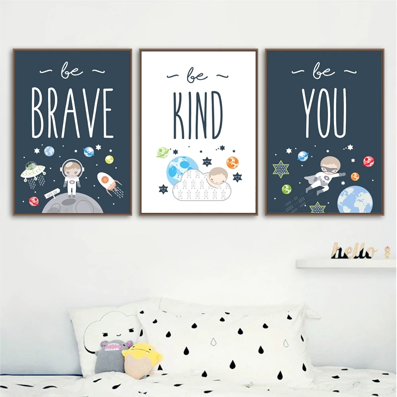 Space Themed Nursery Wall Art Prints Be Brave & Be Kind Quotes Canvas Posters Painting Baby Boy Gift Kids Room Wall Decoration
