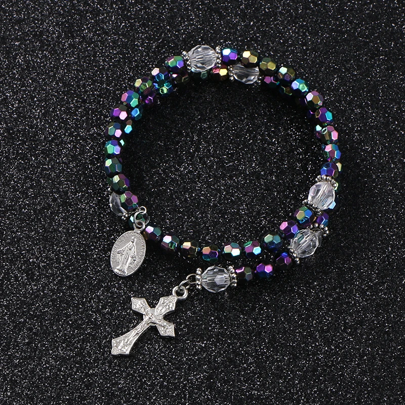 KOMi 6mm Acrylic Double Layer Colored Beads Cross Pendant Bracelet Jesus Religious Orthodox Catholic Charm Rosary Jewelry Gift