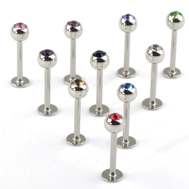 100Pcs/Lot 10Styles 316L Stainless Steel Crystal Tongue Belly Lip Eyebrow Nose Barbell Rings Body Piercing Jewelry