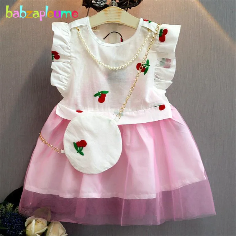 

Summer Baby Girl Dresses Cherry Print Princess Costume Children Clothing Lace Tutu Toddler Dress+Bag Kids Clothes 0-7Year BC1425