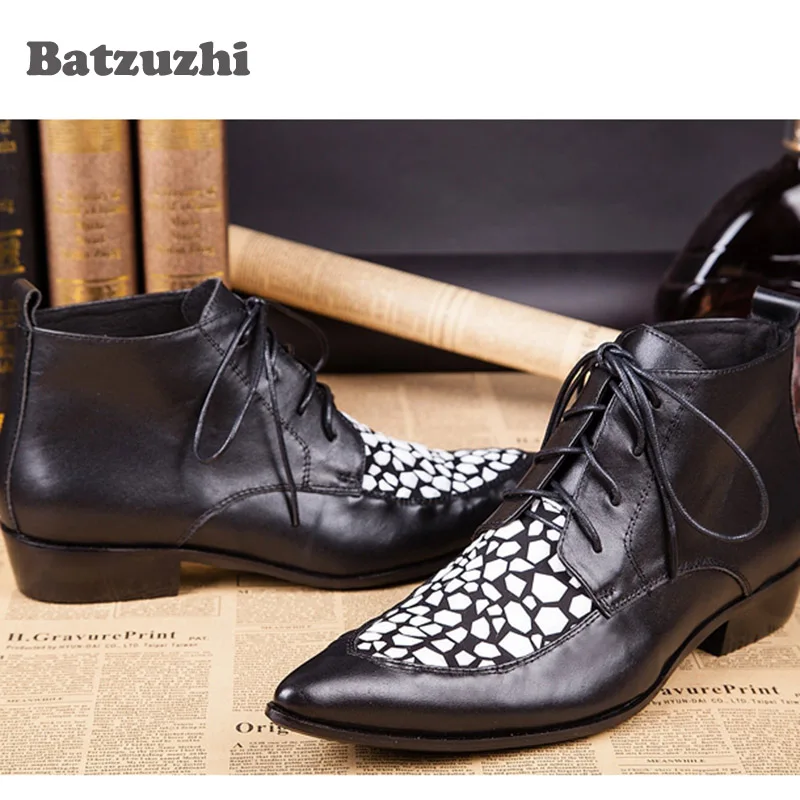 Batzuzhi أحذية رجالية برباط علوي أحذية جلدية سوداء بمقدمة مدببة أحذية جلدية عصرية للرجال على الطراز الإيطالي بوتاس، مقاس Pluz #4