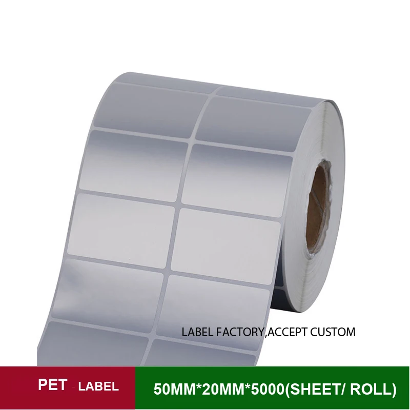 50*20mm double row silver PET label whole sale lots custom stickers for jewelry, warranty labels with a favourable price