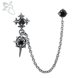 ZS Double Cross Punk Chain Tassel Stud Earrings for Men Gothic Rock Ear Piercing Jewelry Male Biker CZ Zirconia Earrings Jewelry
