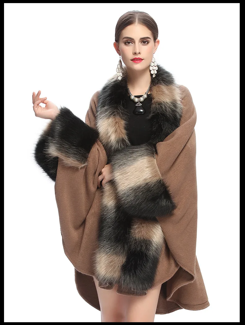 Women Party Overcoat Cloak Long Winter Two Colors Faux Fox Fur Collar Knitted Cardigan Cape Faux Cashmere Loose Poncho Shawl