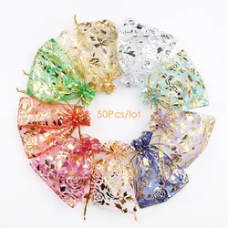 Wholesale 50pc/lot 9X12cm Gold Rose Color Christmas Bags Wedding Drawable Organza Voile Gift Packaging Bags Cheap Pouches Bags