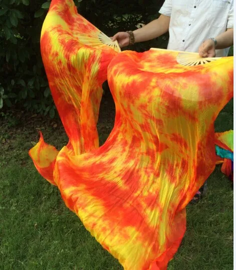 2015 New Tie-dyed color belly dancing real Silk Fan Veils long Chinese Silk dancing Fans for Dancers