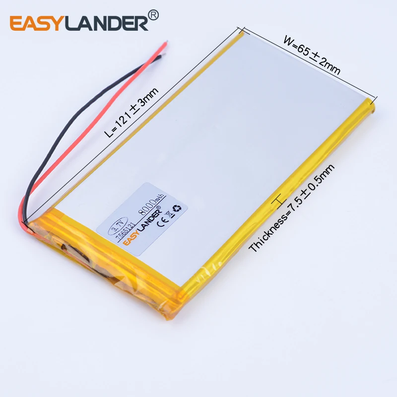 

10pcs/Lot 7565121 3.7V 8000mAh Rechargeable Lithium Li-ion Polymer Battery for Tablet PC Laptop