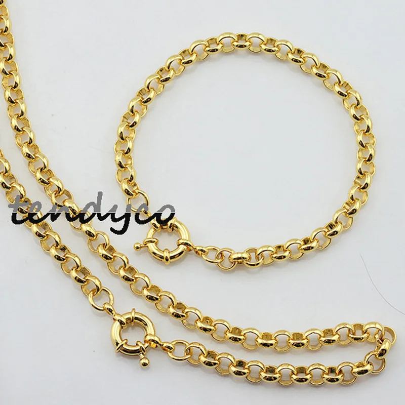 6mm Men\'s Female Set Jewelry Unisex Yellow Gold Color Link Rolo Necklace Bracelet Set Chain