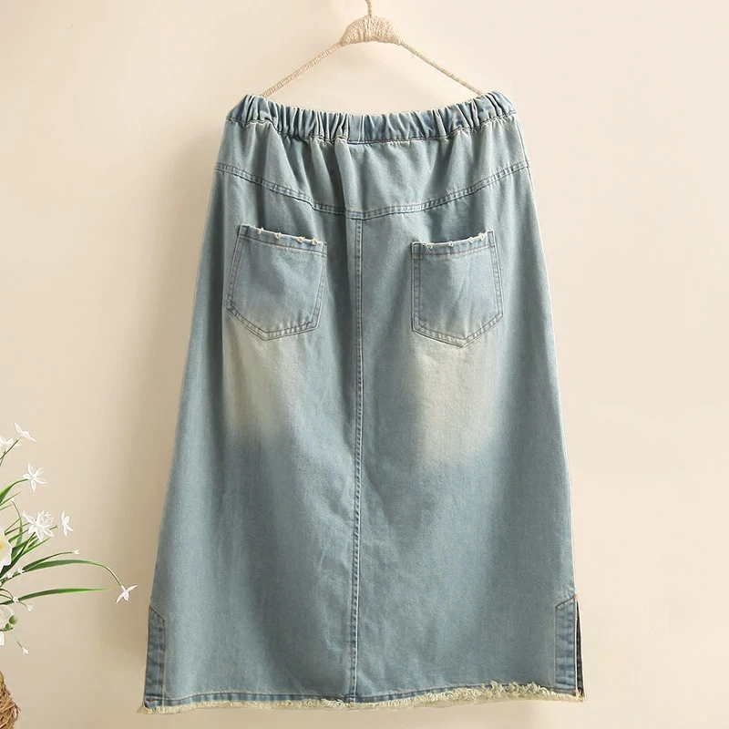 Miễn Phí Vận Chuyển 2020 Mới Tua Rua Denim Cotton Dài Giữa Bắp Chân Váy Nữ Mùa Hè Lưng Thun Chữ A Thêu Lỗ váy