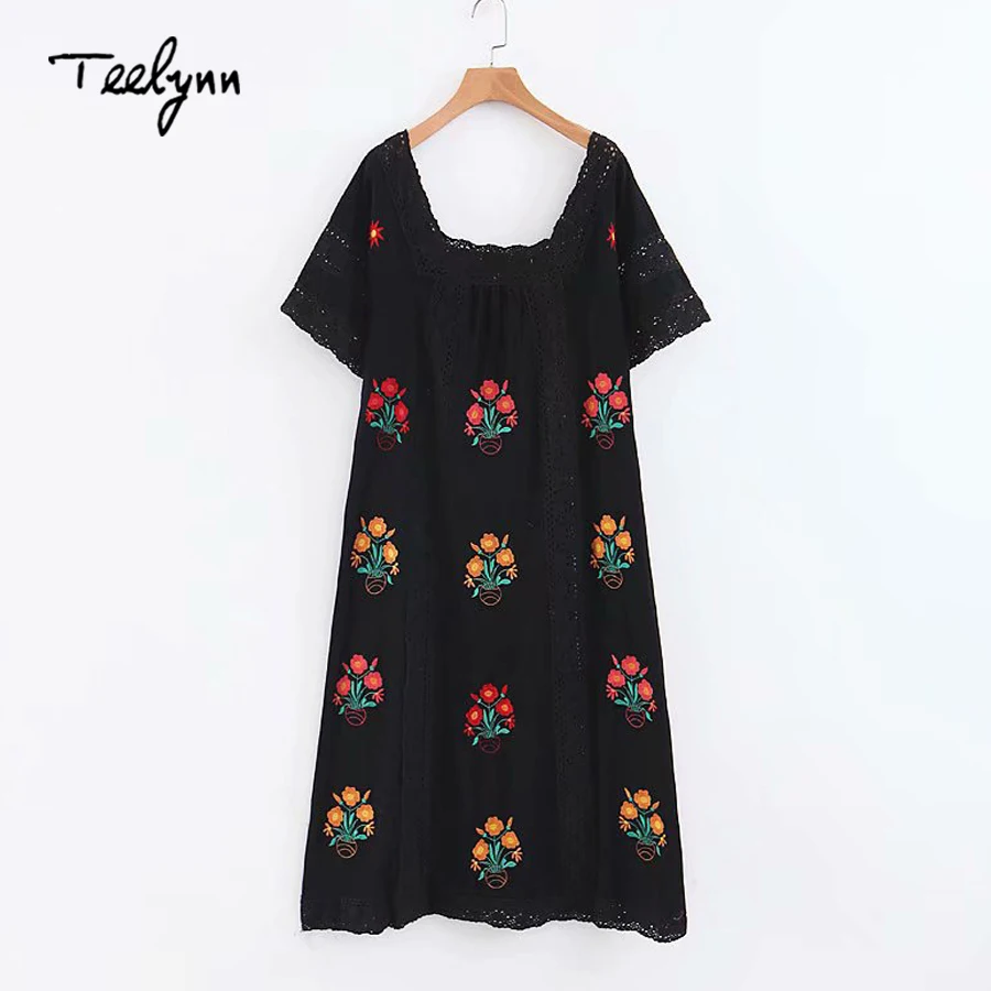 TEELYNN dài Boho Dress 2018 mới Cotton thêu hoa Cổ Vuông Nữ tay ngắn mùa thu áo chia ren nữ váy áo dây