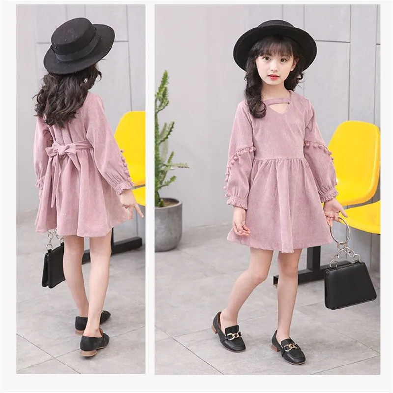 2018 Autumn Corduroy Pompoms Lantern Sleeve Dresses Vintage Style Baby Girl Velvet Dress Bowknot  Winter Kids for Girls