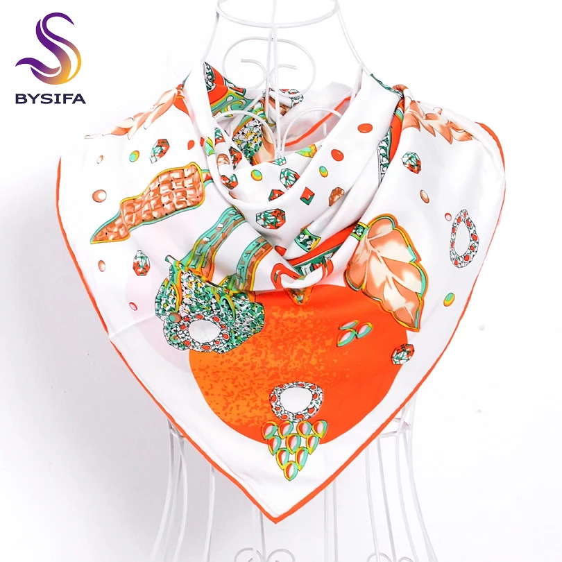 [BYSIFA] Ladies Leaves Diamond Pattern Fashion Brand Design Women Ladies Silk Scarf Shawl 90*90cm Brand Twill Square Scarves