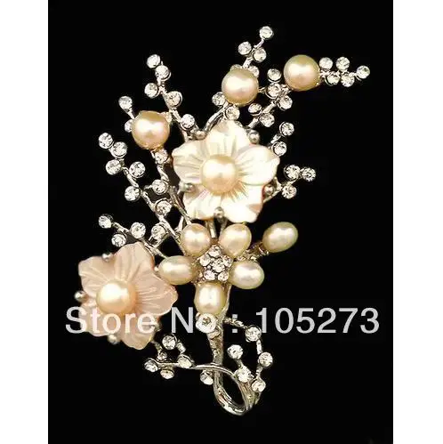 

New Arriver Charming Pink Pearl Shell And Rhinestone Flower Bunch Brooch Wedding Occasion 24x47x68mm Wholesale New Free Shipping