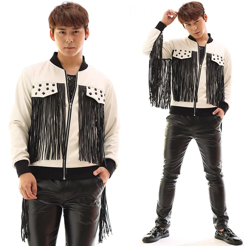 Male Rivet Tassel Leather Jacket Coat Nightclub Bar Singer Concert Hip Hop Costume Rock Dancer Stage Performance Clothes