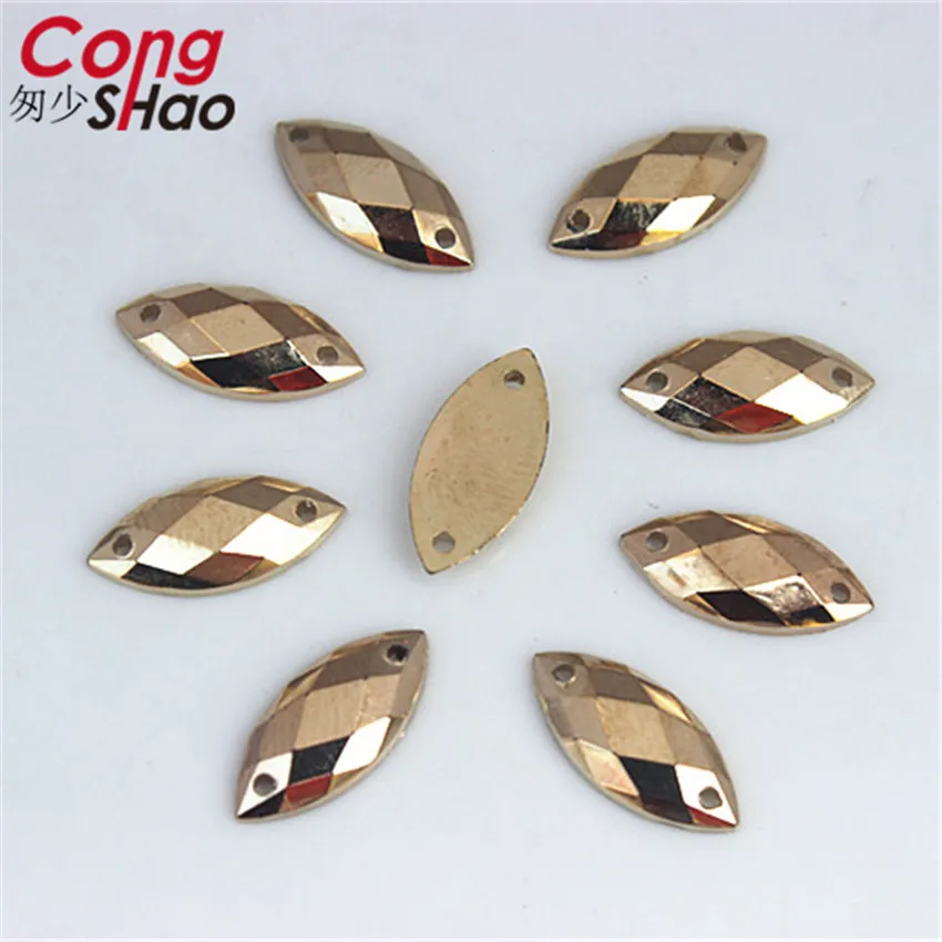 Cong Shao 300 Pz 7*15mm Colore Oro Occhio di Cavallo flatback Acrilico Strass pietre e cristalli cucito 2 Fori costume Pulsante CS225