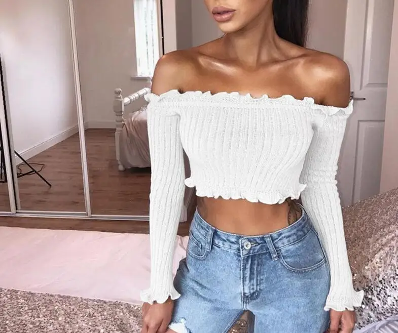 Autumn Blusas Casual Solid Slash neck Blouse Women Female Femme White Long Sleeve Ruffles Sexy Short Off Shoulder Top