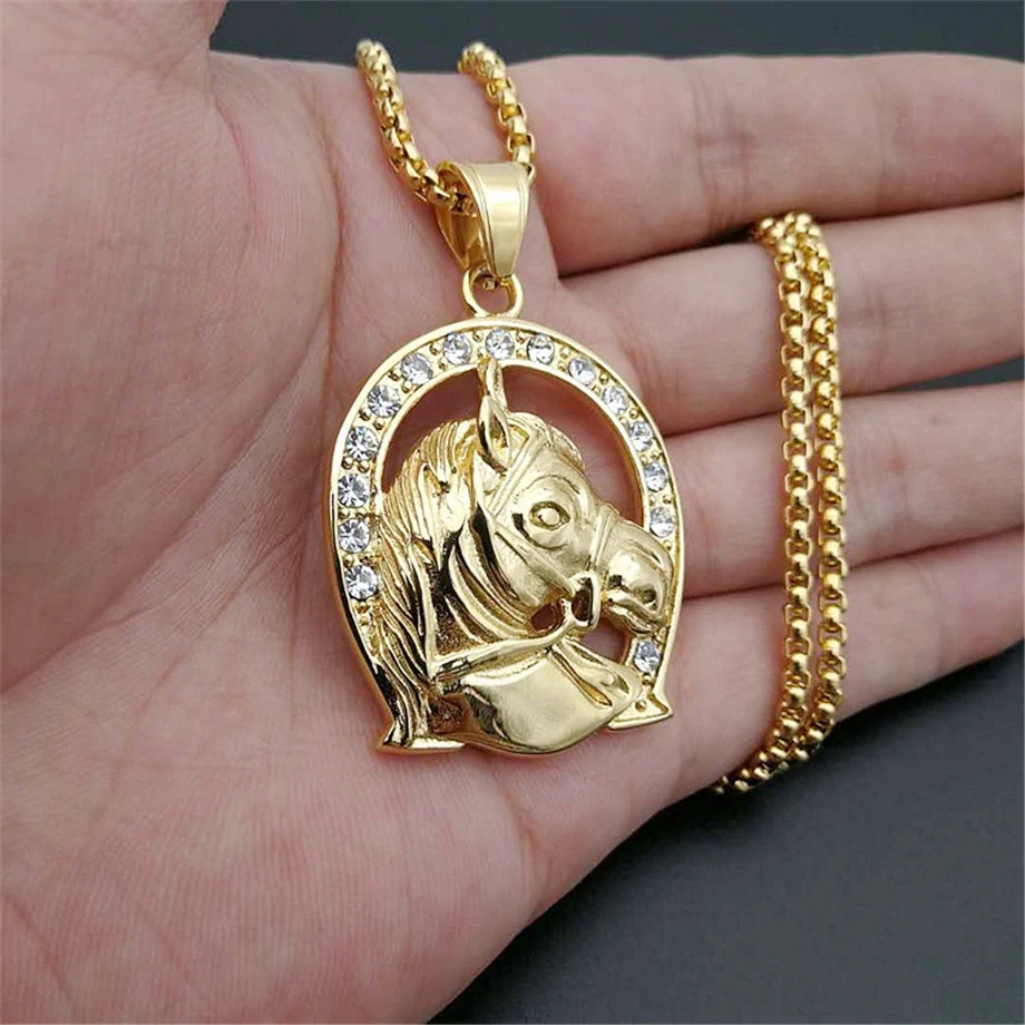 Jockey Club Horse Head Pendants Necklaces For Women/Men Gold Color Stainless Steel Horseshoe Iced Out Bling Hip Hop Jewelry